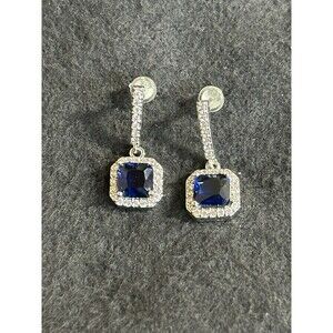 Silver Tone Blue Crystal And CZ's Drop Style Stud Pierced Earrings J265